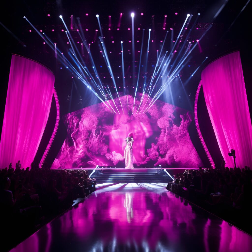 "Generate an image featuring an energetic, vibrant stage with a pink and purple color scheme, symbolic of Nicki Minaj