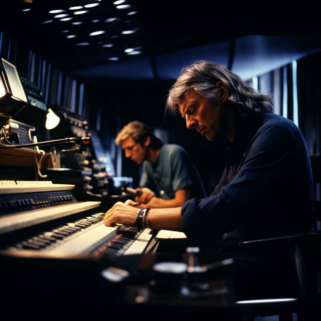 David Gilmour, Roger Waters, and Richard Wright working on a track in a recording studio.