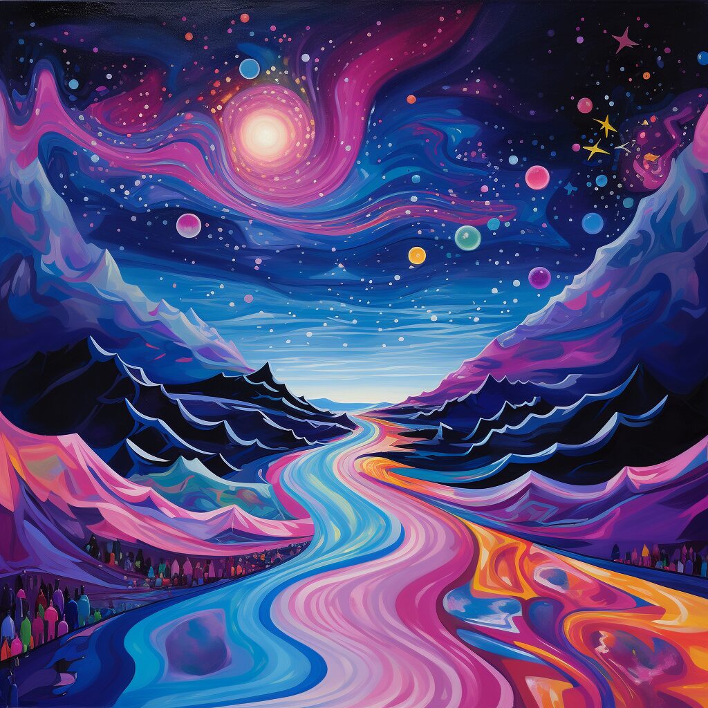Depict a surreal, dreamlike landscape filled with psychedelic hues of purple, blue, and pink, along with twinkling stars reminiscent of a diamond. The scene brings to life the haunting melancholy and introspective mood of Pink Floyd