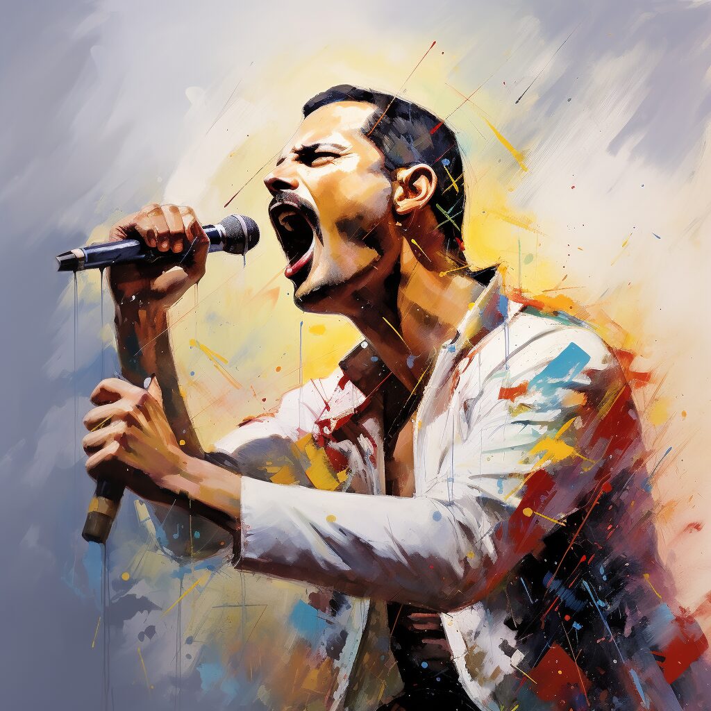 An artistic portrait of Freddie Mercury, capturing his essence and creativity. Reflect his dynamic stage presence, musical versatility, and unique personality, portraying him as the cultural icon he was.     