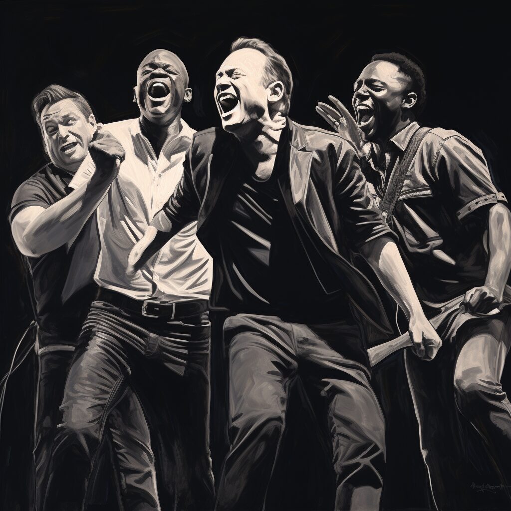 Envision a charcoal, stylistic drawing capturing UB40 in a candid moment during a live performance. The artwork should evoke a raw, half-finished feel, with emphasis on the dynamic expressions and energy of the band members, rendered in black and white to highlight the depth and emotion tied to their music.