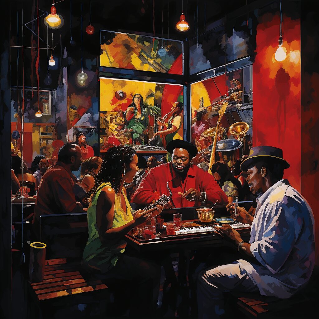 Visualize a lively party scene with UB40 performing "Red Red Wine" in a cozy, dimly-lit bar, filled with fans swaying to the reggae rhythms, surrounded by vibrant colors and a warm, inviting atmosphere.