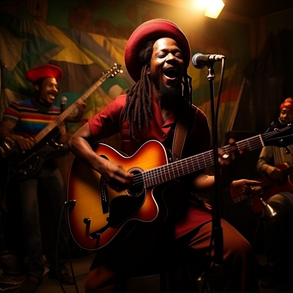 A vibrant reggae band performing in a studio, with close-ups on the rhythmic guitar, bass, and a vocalist engaging in toasting, surrounded by a warm, inviting ambiance that captures the essence of "Red Red Wine."