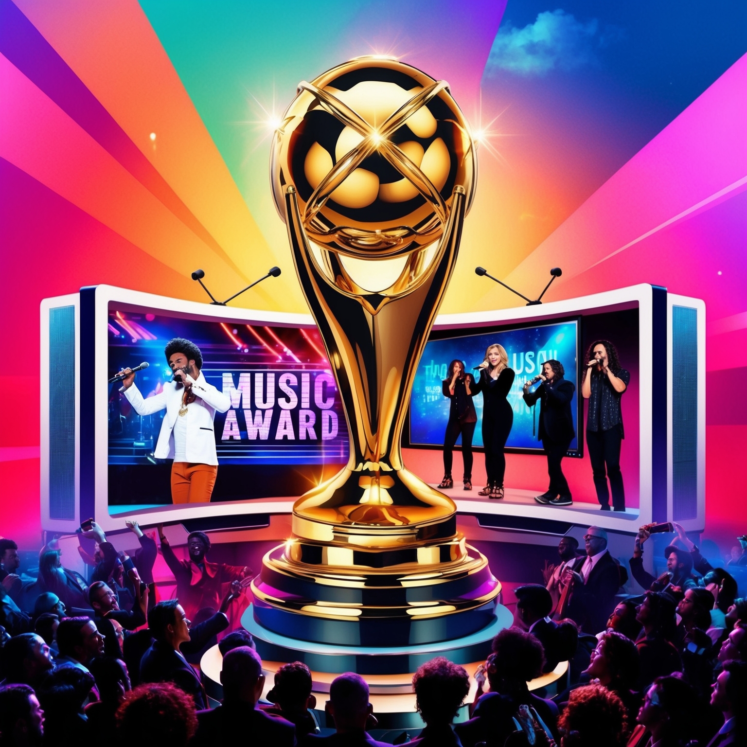 A vibrant illustration showing a music award trophy, a scene depicting artists performing the song, and a subtle nod to film and television screens symbolizing media appearances. The essence should capture a sense of celebration, musical inspiration, and timeless impact.