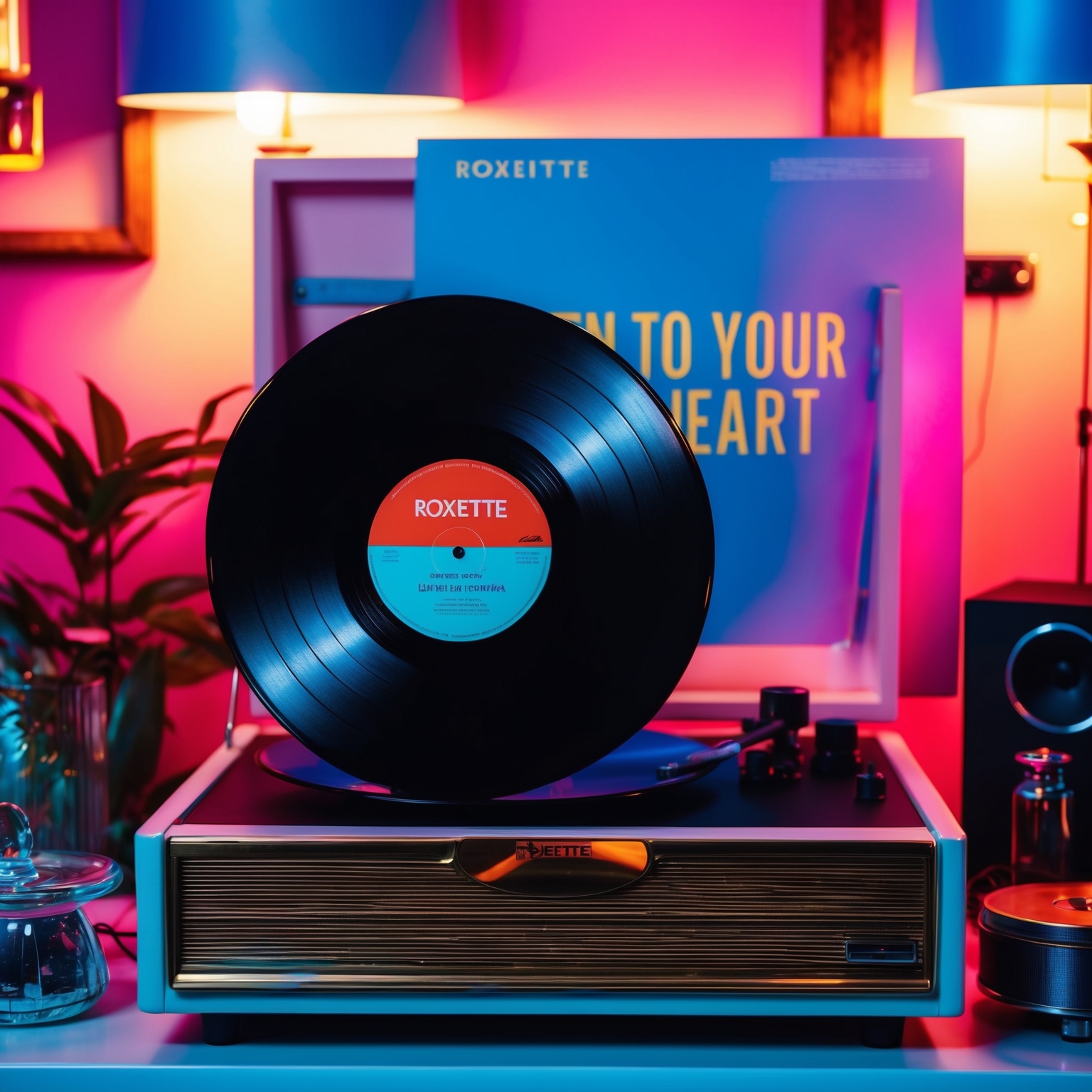 A vintage record player with a retro vinyl cover of Roxette