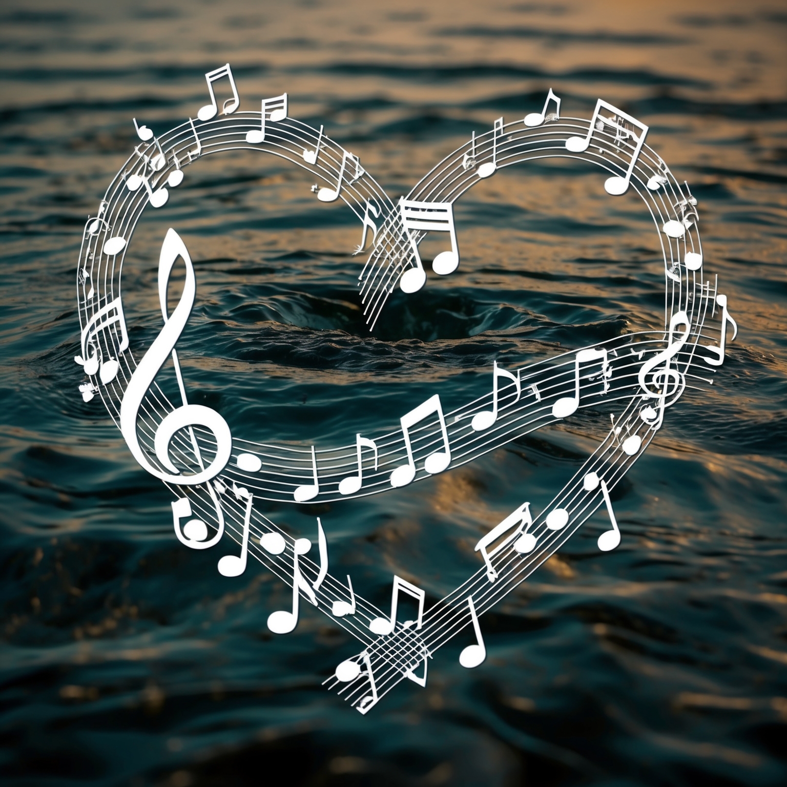 A heart symbol intertwined with musical notes, representing emotional lyrics in a classic pop song, accompanied by a background of flowing water signifying the fluidity and depth of emotions.