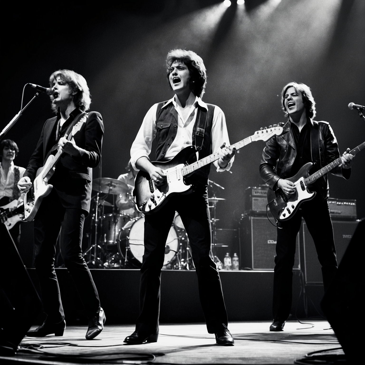 Visualize a classic music video set in the 1980s, showcasing a live concert performance by a band. The scene is in black-and-white with atmospheric lighting that highlights the expressive faces of the musicians and captures the raw energy and emotion of a live stage performance. Include elements like a large, cheering crowd and musicians engrossed in their craft on stage.