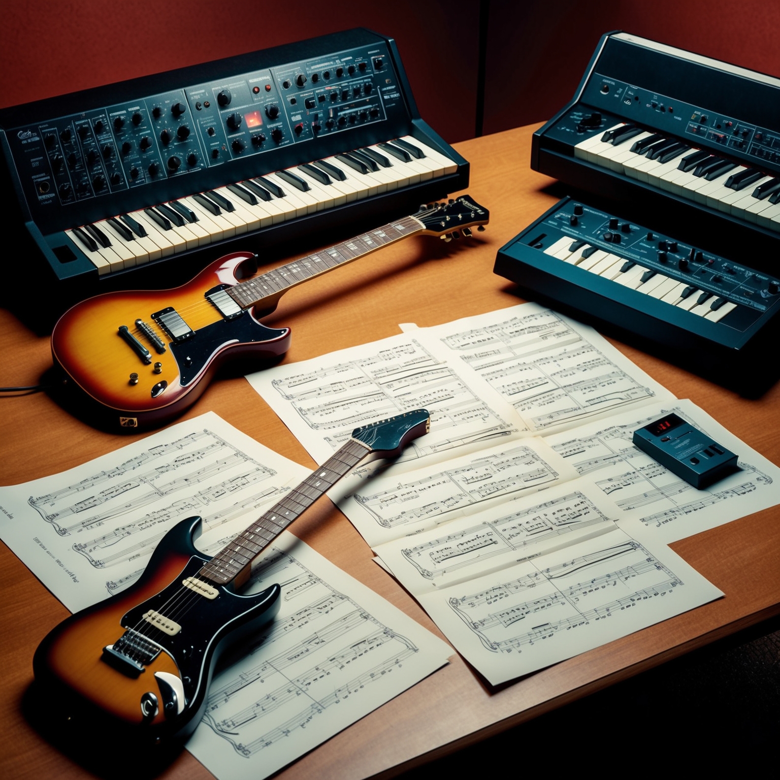 Create an image depicting a musical studio setting from the late 1980s, with an electric guitar, synthesizers, and sheet music spread across a desk, reflecting the creation of a classic rock ballad.