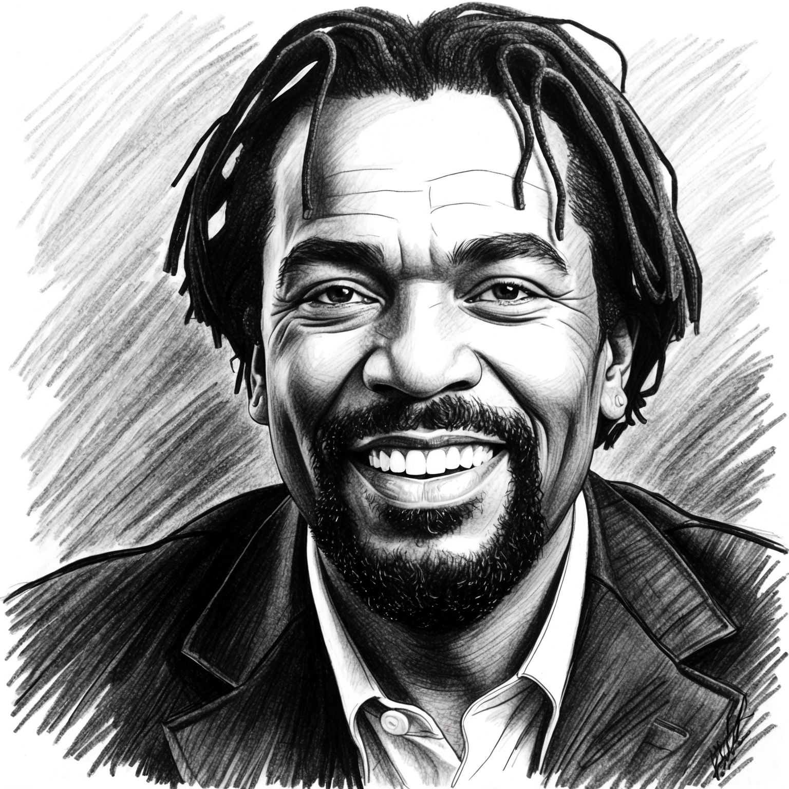 A black and white charcoal portrait of Mark Morrison with a half finished feel, capturing his charisma and defining features, in a stylistic and artistic manner.