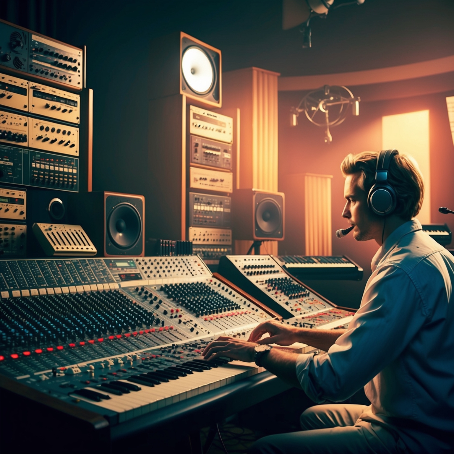 A dynamic illustration of a music studio in the 90s with a focus on soundboards, analog equipment, and a figure representing a composer deeply engaged in crafting a hit song. The scene captures the essence of creativity, blending traditional and modern musical elements.