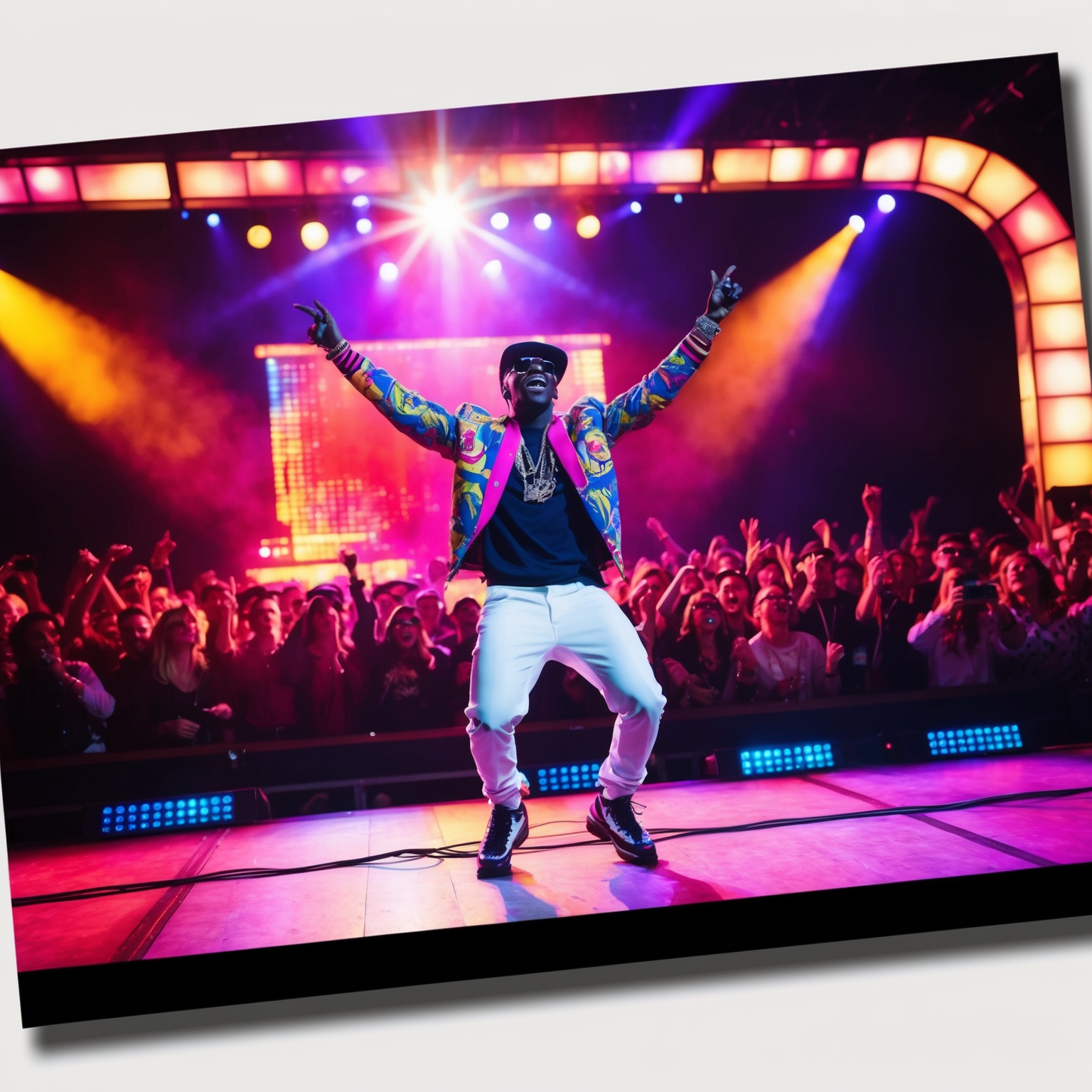 A vibrant scene capturing the essence of the 90s music scene with a focus on a dynamic performance on stage. The image should illustrate a charismatic artist in stylish 90s attire, performing in front of an enthusiastic crowd with colorful lights and a retro backdrop, encapsulating the electrifying atmosphere of a chart-topping hit.