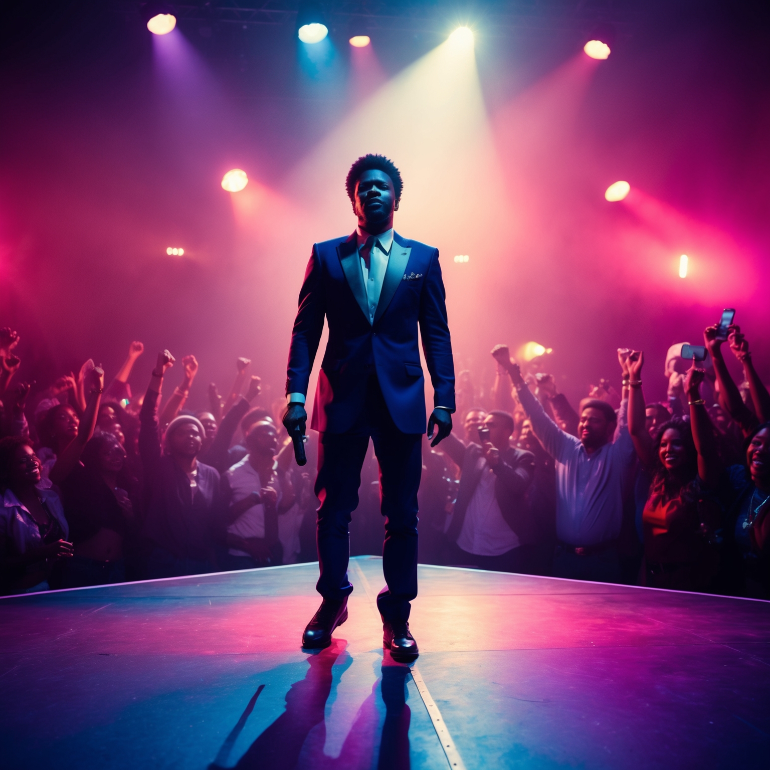 Generate an image symbolizing a triumphant comeback. The scene: a lone figure standing in a spotlight on a stage amidst a cheering crowd. The person exudes confidence, with a microphone in one hand and a determined expression. The ambiance blends 90s retro vibes with modern lighting, capturing the essence of a musical legend