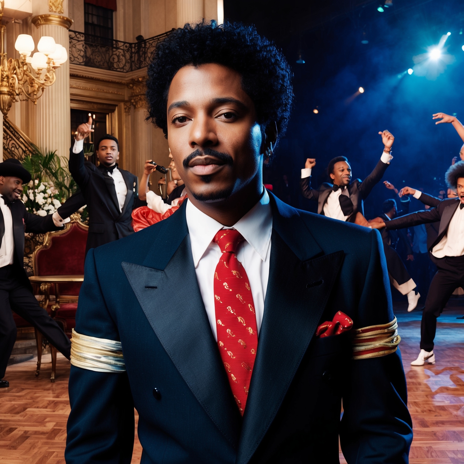 Portrait of a charismatic musician in a 1990s urban setting, wearing a sharp suit amidst elegant, luxurious surroundings contrasted with dynamic dance scenes, capturing themes of triumph and style.