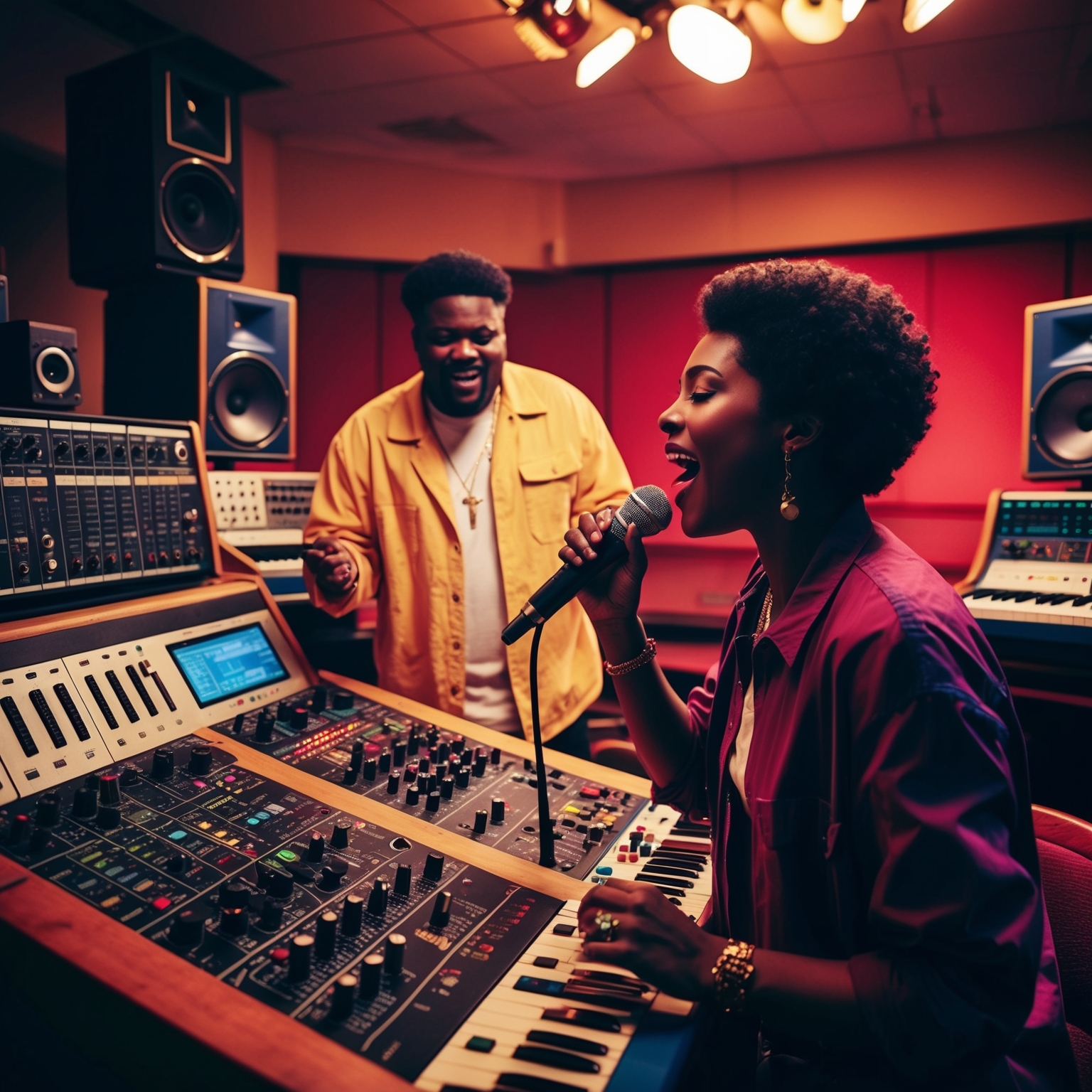 A vivid portrayal of a 1990s music studio, with vintage synthesizers and drum machines. Capture the essence of a lively recording session, highlighting a producer at a mixing console and a vocalist singing passionately. The ambiance is vibrant yet intimate, reminiscent of the era