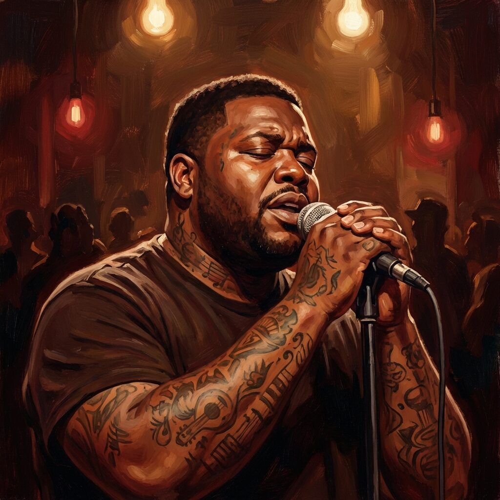 A stylized portrait of a large, tattooed soul singer in a dimly lit Southern roadhouse venue, microphone in hand, eyes closed mid-performance. Warm incandescent lighting from above, crowd silhouettes in the background. The mood is intimate and earnest. Rich browns, deep reds, and warm amber. Painterly illustration style, no text, faces artistically rendered rather than photorealistic.