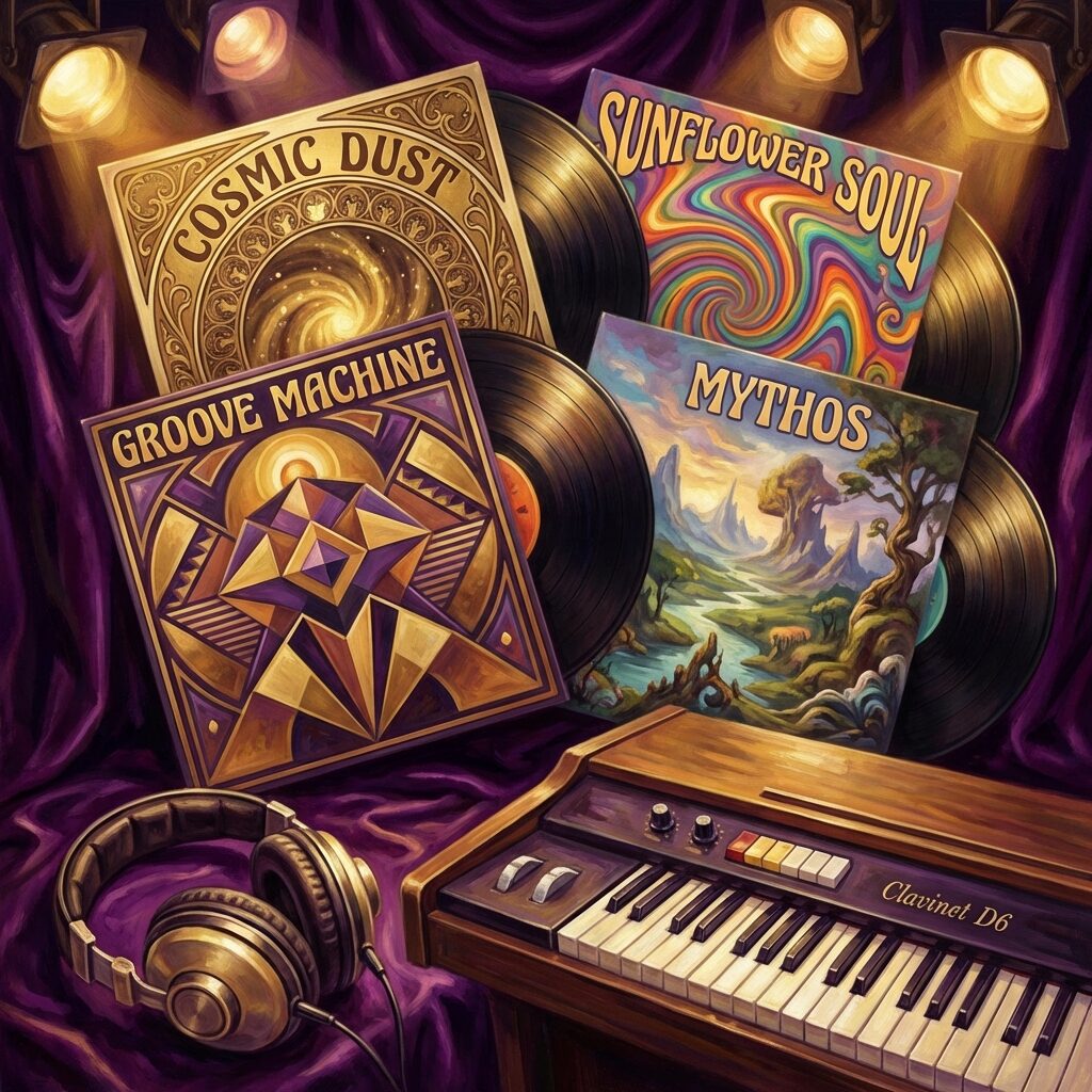 A stylized collage of four vinyl LP records arranged in a fan pattern against a deep purple velvet background, each album cover rendered in a different artistic style representing early-to-mid 1970s aesthetics. Warm stage lighting casts golden highlights across the records. A pair of headphones and a Clavinet keyboard are visible in the lower portion. Rich, warm color palette with purples, golds, and deep browns. Artistic, painterly rendering.