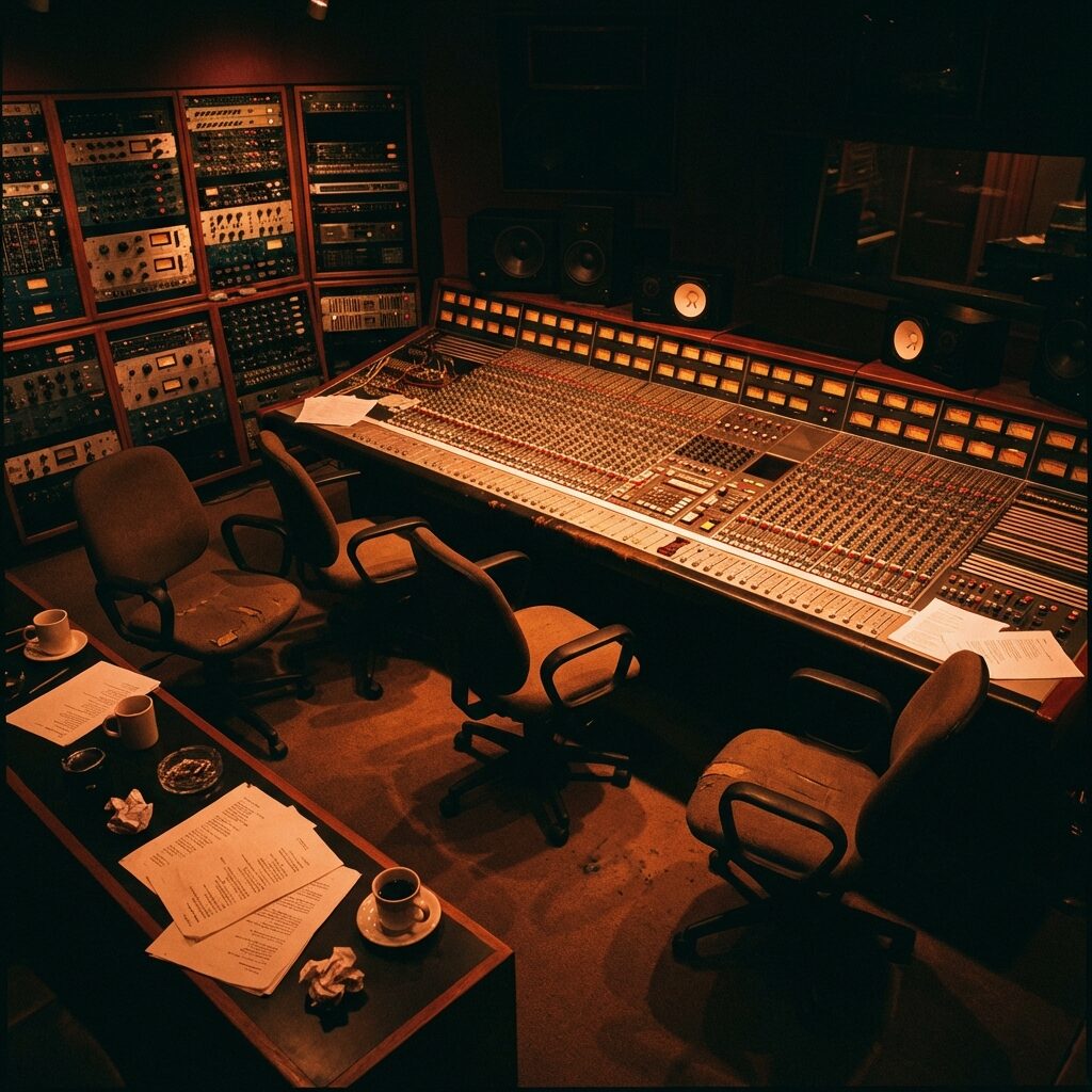 A moody, atmospheric image of a recording studio control room in the late 1990s, dimly lit with the warm glow of analog mixing console lights and VU meters. Five empty chairs are arranged around the console, coffee cups and lyric sheets scattered on surfaces. The mood is contemplative and intense, suggesting late-night creative work. Vintage outboard gear racks line the walls. Shot from a slightly elevated angle, cinematic lighting with deep shadows.