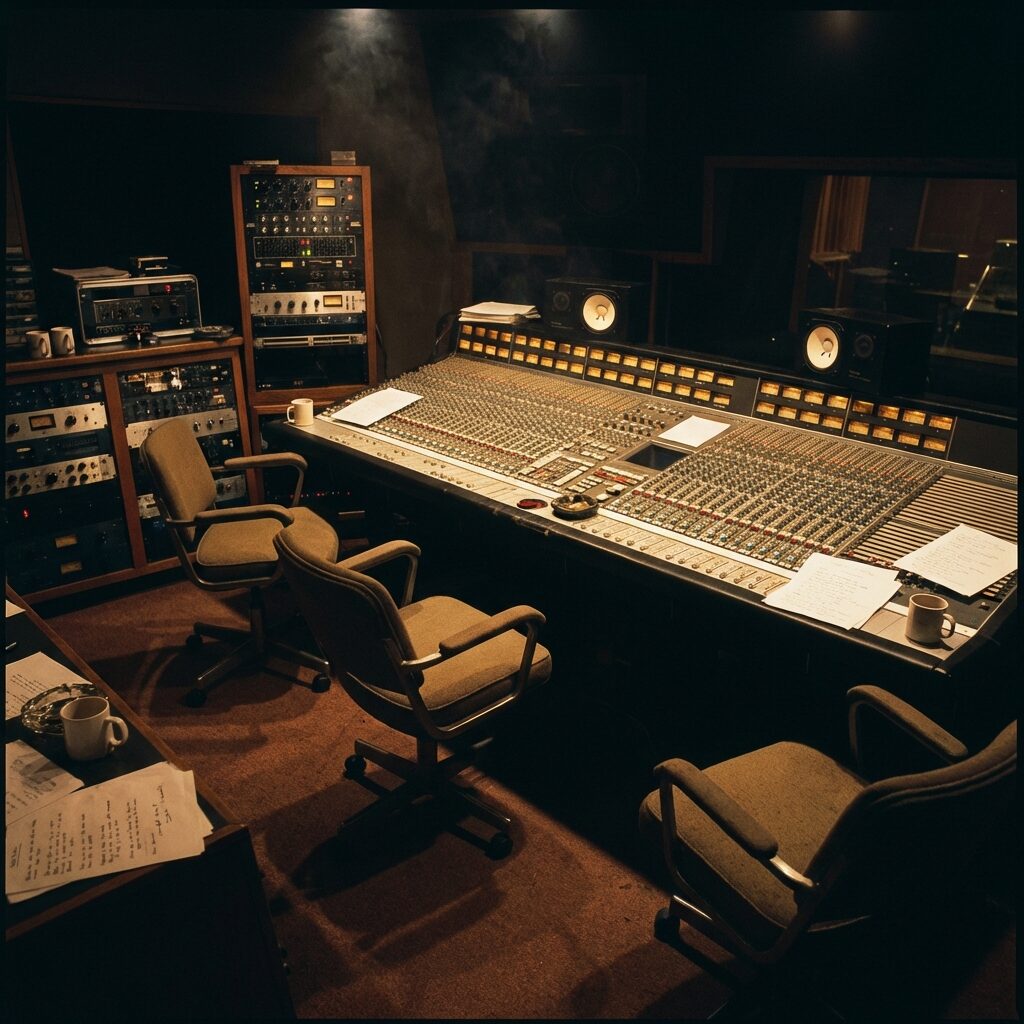A moody, atmospheric image of a recording studio control room in the late 1990s, dimly lit with the warm glow of analog mixing console lights and VU meters. Five empty chairs are arranged around the console, coffee cups and lyric sheets scattered on surfaces. The mood is contemplative and intense, suggesting late-night creative work. Vintage outboard gear racks line the walls. Shot from a slightly elevated angle, cinematic lighting with deep shadows.