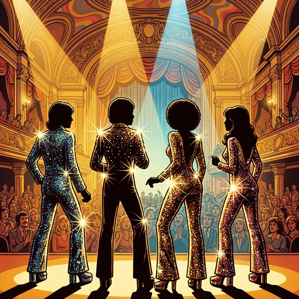 A stylized 1970s scene of four figures in glamorous sequined stage costumes standing in a spotlight, rendered in an artistic pop-art style. Warm stage lighting in gold and blue, vintage concert atmosphere with a European concert hall backdrop. Glittering costumes catch the light, creating star-burst reflections. 1970s aesthetic with slightly psychedelic color treatment, square composition, no text, no recognizable faces.