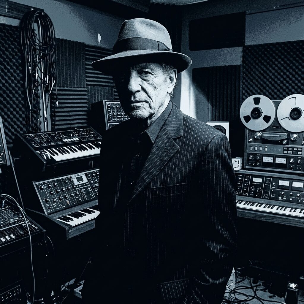 A stylized portrait of a distinguished older man in a dark suit and fedora hat standing in a stark recording studio from the early 1980s, vintage synthesizers and reel-to-reel tape machines in the background, cool blue and grey tones with dramatic side lighting, artistic rendering with strong contrast