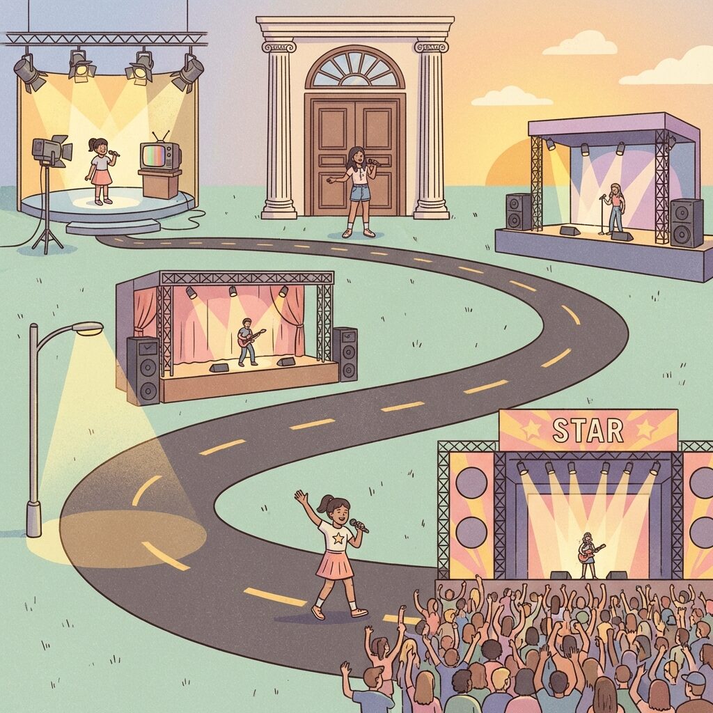 A stylized illustration of a young performer