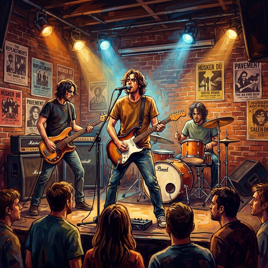 A stylized illustration of a three-piece rock band on a small Minneapolis club stage in the mid-1990s, warm stage lighting in amber and blue, a vocalist with a guitar at center, bassist to the left, drummer behind a compact kit, the intimate feel of a 200-capacity venue, exposed brick walls, vintage concert posters in the background, the energy of indie rock before it went mainstream, painterly style with bold brushstrokes