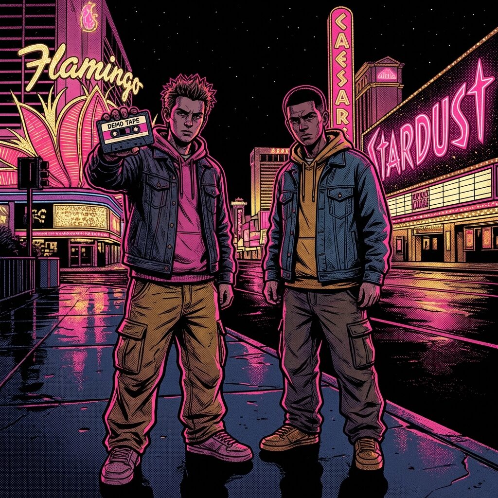 A stylized illustration of two young men in early 2000s clothing standing on a Las Vegas Strip sidewalk at night, one holding a cassette tape, neon casino signs glowing behind them in pink and gold. The mood is slightly melancholy but determined — two outsiders in a glittering city that has nothing to do with rock music. Graphic novel aesthetic, high contrast, vivid neon palette against a dark sky.