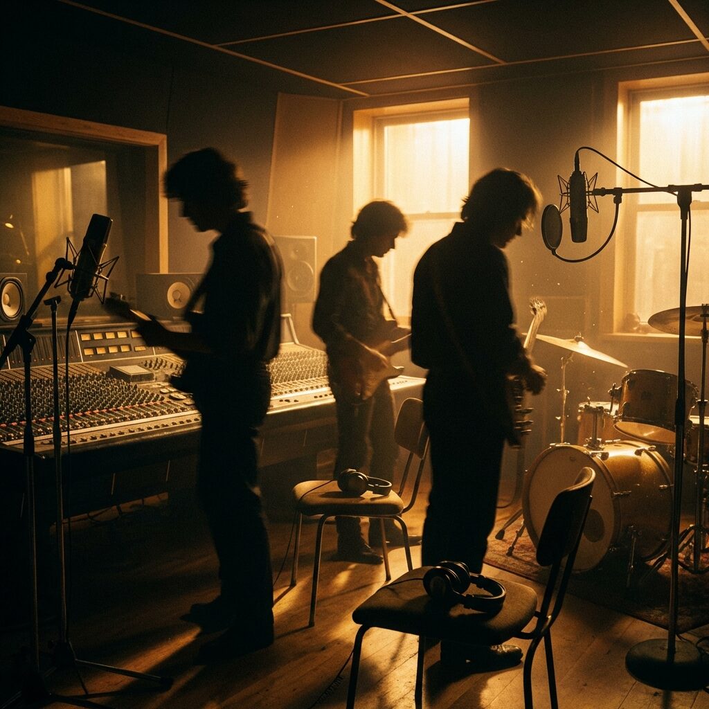 A stylized portrait of three musicians in a moody 1980s recording studio, depicted as silhouettes or impressionistic figures rather than realistic portraits. The studio is warmly lit with golden tungsten light, vintage gear visible — large mixing console, microphone stands, headphones draped over chairs. The three figures are turned away from each other, suggesting tension and isolation despite their physical proximity. Atmospheric, slightly melancholic.