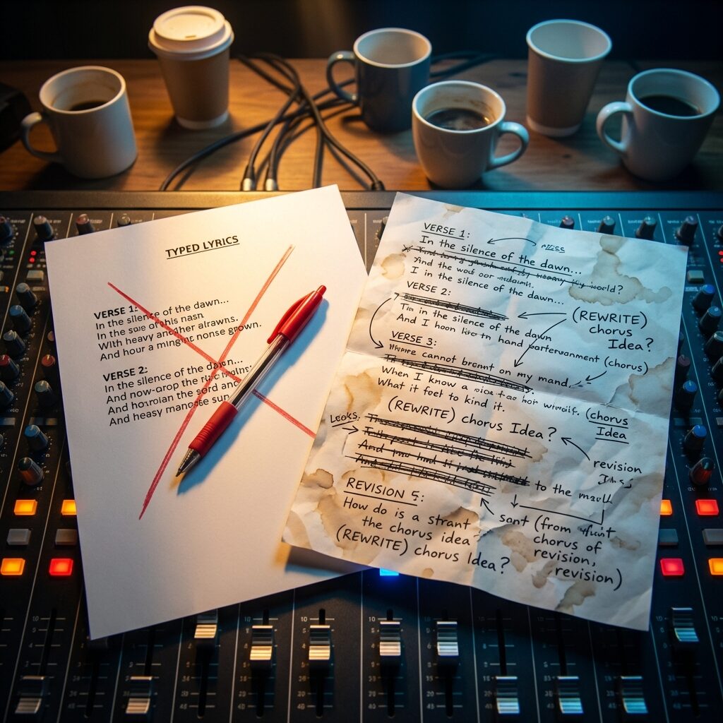 Two sheets of paper side by side on a studio mixing console, one with clean typed lyrics and one with handwritten lyrics full of cross-outs and revisions. A red pen lies across the typed version with a large X drawn through it. The mixing console