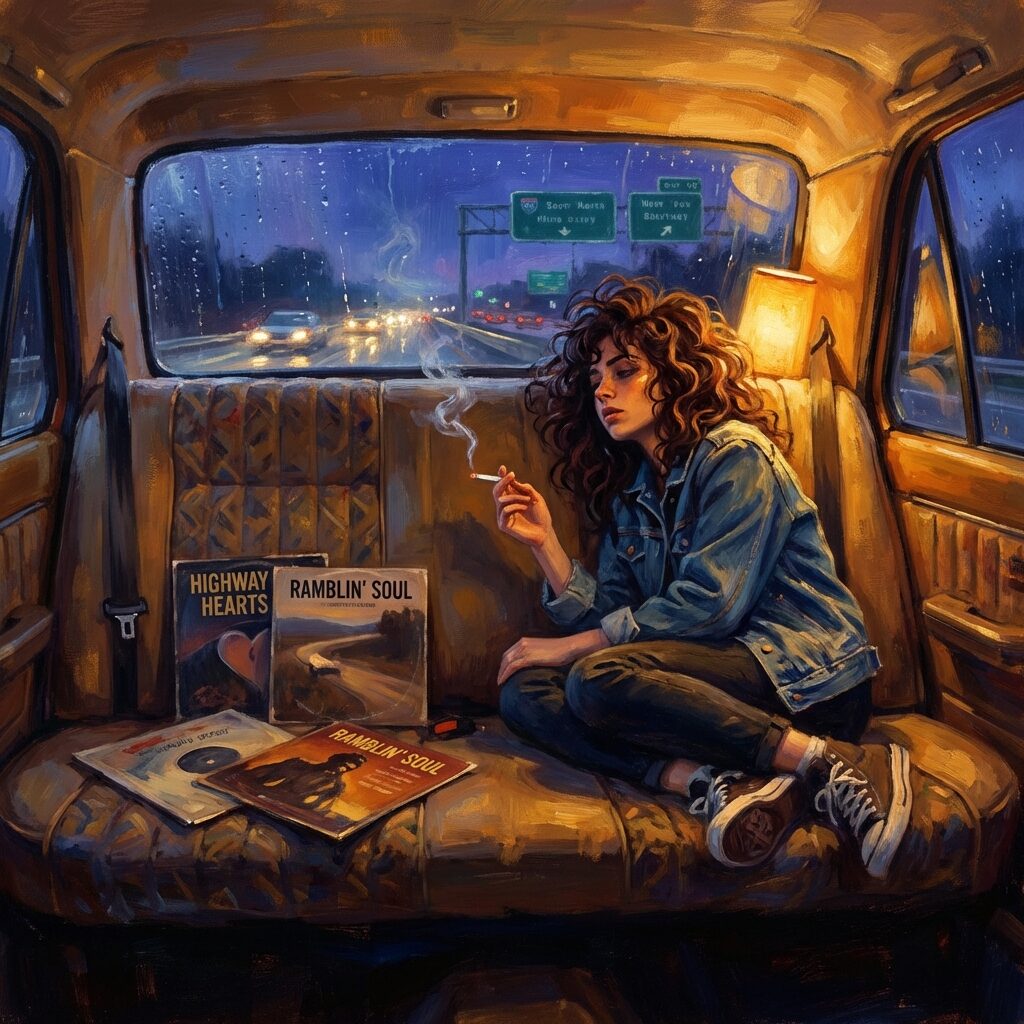 A stylized portrait of a young woman with voluminous dark hair sitting in the back of a tour bus at night, American highway stretching behind through the rear window, warm interior lighting casting golden shadows, a cigarette trailing smoke, vintage country music album covers scattered on the seat beside her, painted in a warm impressionistic style with rich blues and ambers