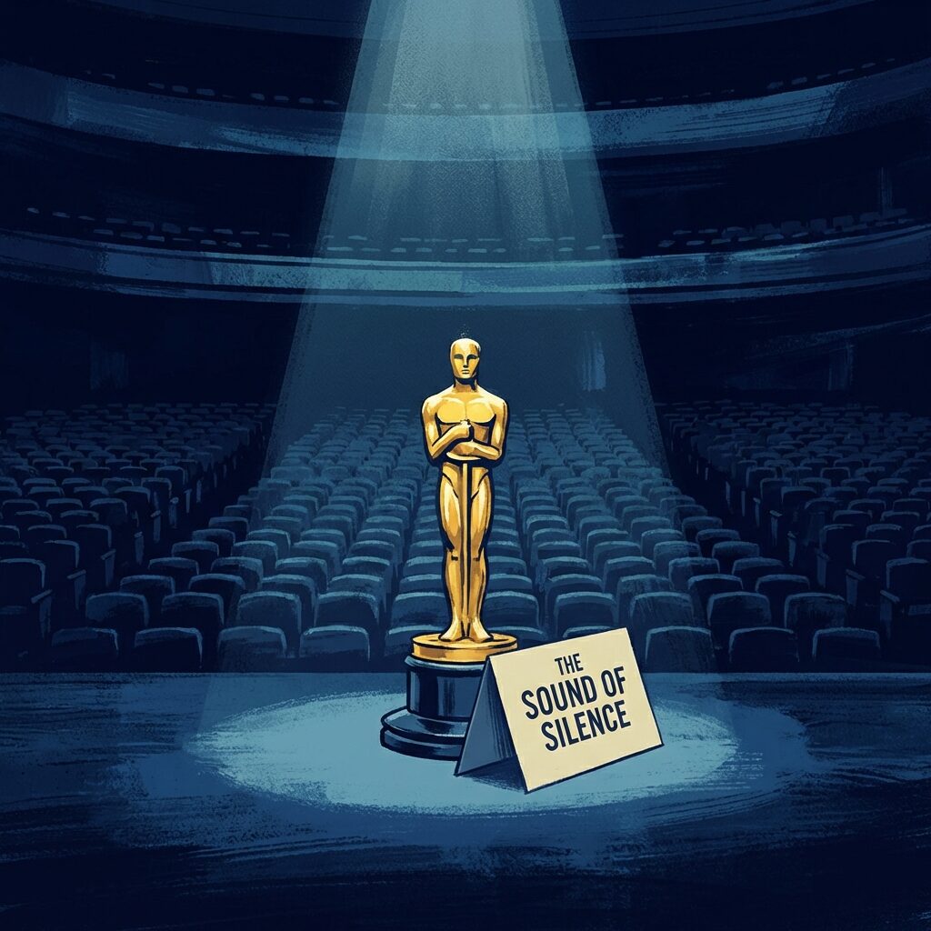 A stylized illustration of a single gold Oscar statuette standing alone on a large empty stage, a single spotlight illuminating it from above, the surrounding seats in the massive theatre rendered in dark impressionistic blue — one folded placard reading a song title rests against the base of the trophy, the emptiness of the stage making the award feel both triumphant and quietly absurd