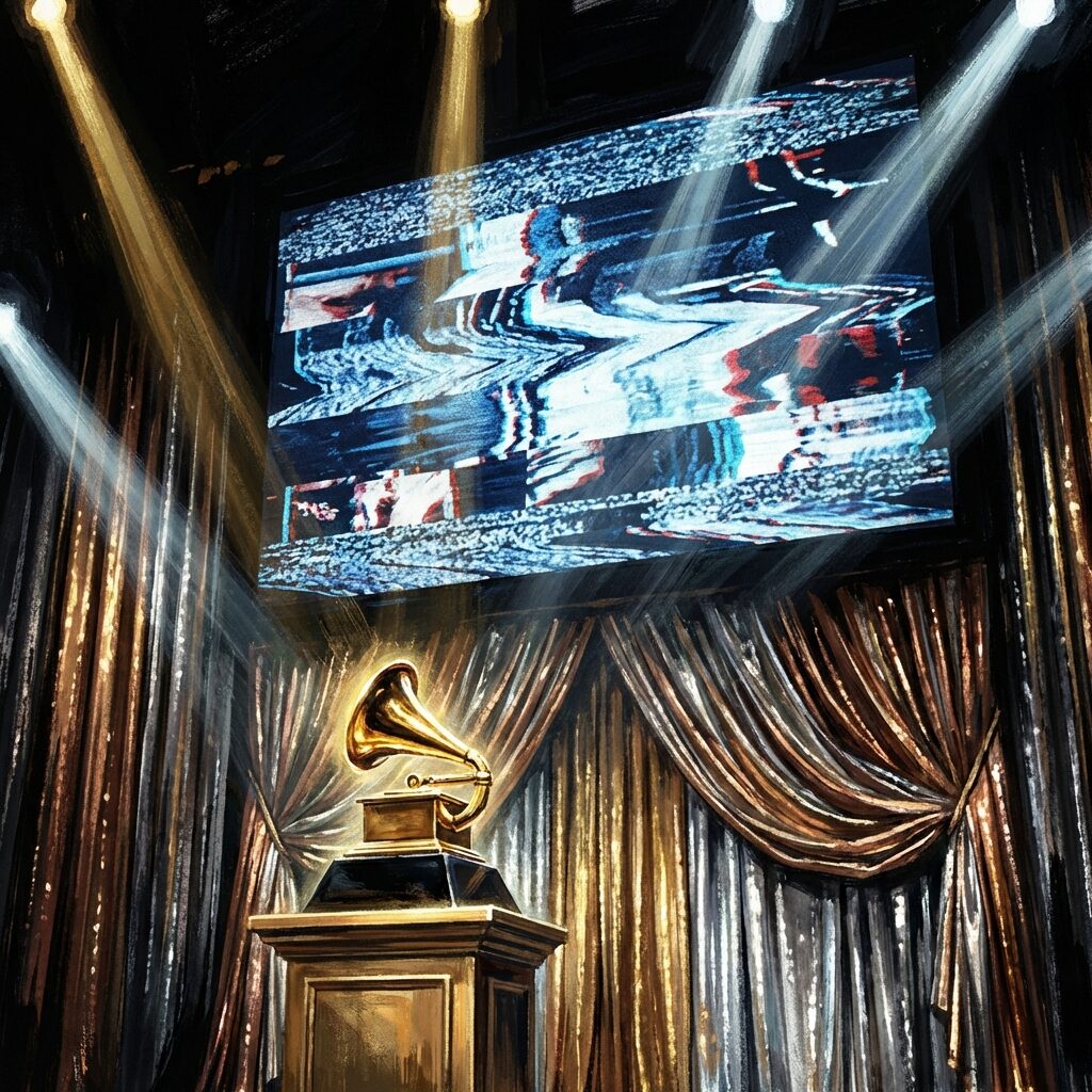 A stylized artistic rendering of a 1977 awards ceremony stage with a large satellite screen showing heavy static and distorted video. A golden gramophone trophy gleams on a podium in the foreground. The stage is decorated in late-1970s style with metallic curtains and dramatic spotlights in gold and white. The mood captures the tension between celebration and technical chaos. Deep blacks, brilliant golds, and cool blue-white spotlight beams. Painterly, dramatic illustration style.
