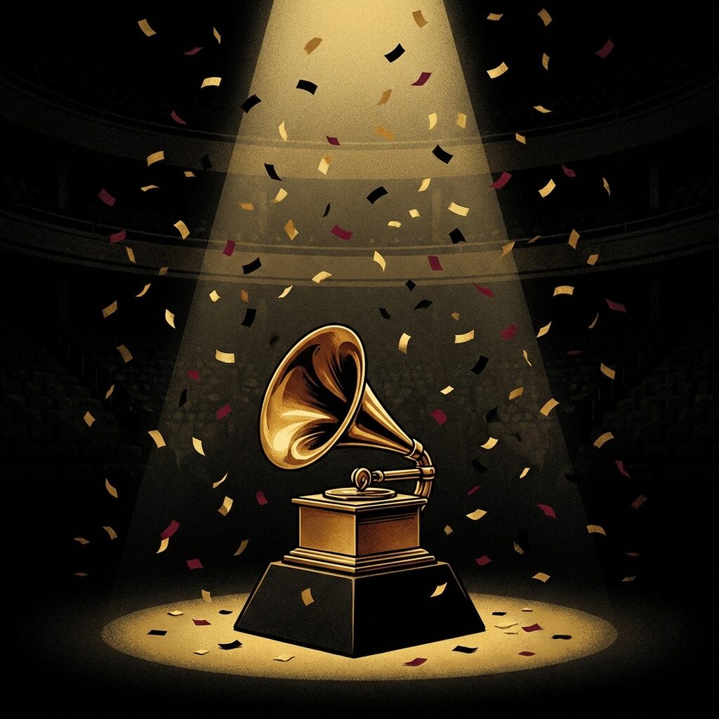 A stylized illustration of a single golden Grammy award trophy sitting alone on a dark stage under a single dramatic spotlight, confetti frozen mid-fall around it, deep shadows suggesting both celebration and absence, rich gold and deep black color palette, compositionally centered and isolated