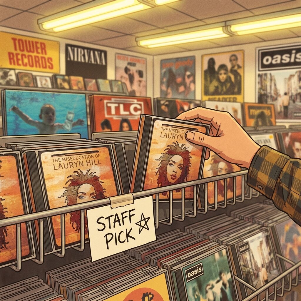 A 1990s record store CD display rack with multiple copies of an album prominently featured, a hand reaching for one of the jewel cases, a STAFF PICK card taped to the shelf, warm fluorescent store lighting, other 90s album covers visible in soft focus around it, the nostalgic feel of browsing at Tower Records or Sam Goody, illustrated in a warm retro style with slightly faded colors suggesting the late 1990s