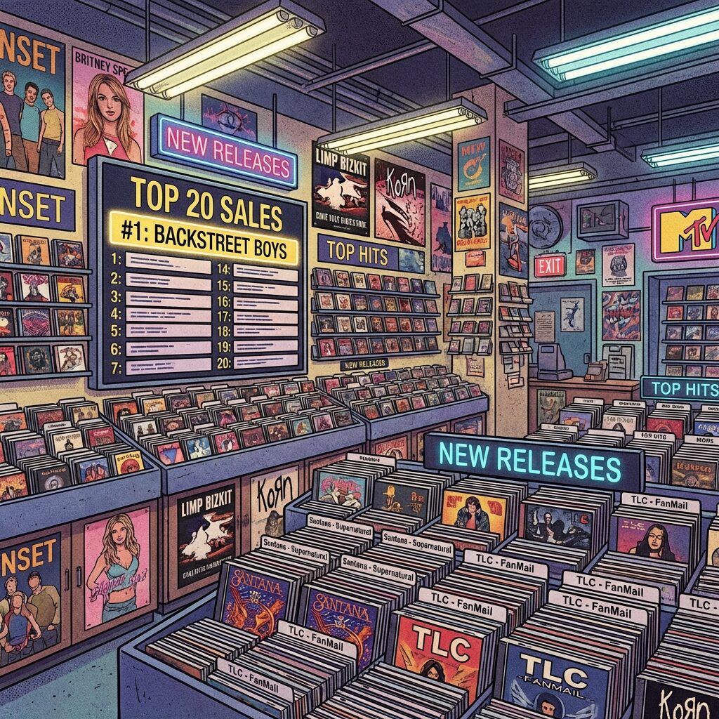 A stylized artistic rendering of a late-1990s record store interior with towering displays of CD cases and promotional posters. A large chart board on the wall shows rankings with the number one position highlighted. Stacks of identical album cases fill bins in the foreground. The lighting is bright fluorescent mixed with colorful promotional neon. The scene evokes the peak CD era of 1999, with a sense of commercial excitement and cultural dominance.