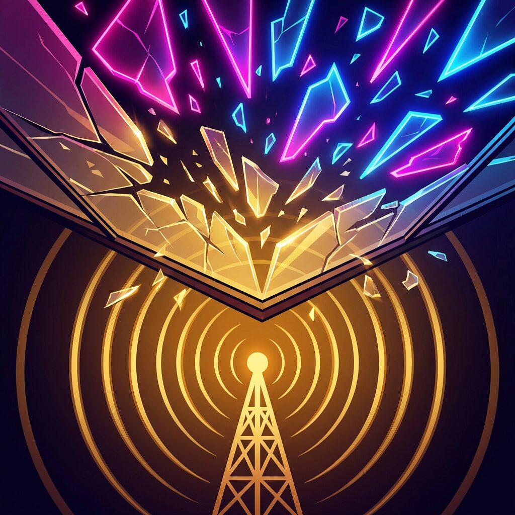 A stylized illustration of a glass ceiling shattering from below, shards of glass catching golden light as they fly upward, below the ceiling a radio tower broadcasts concentric waves in warm country gold, above it the broken pieces transform into pop-colored neon fragments in pink and electric blue, the contrast between the warm tones below and bright tones above representing the genre crossover, dynamic upward energy, dramatic lighting, modern graphic art style