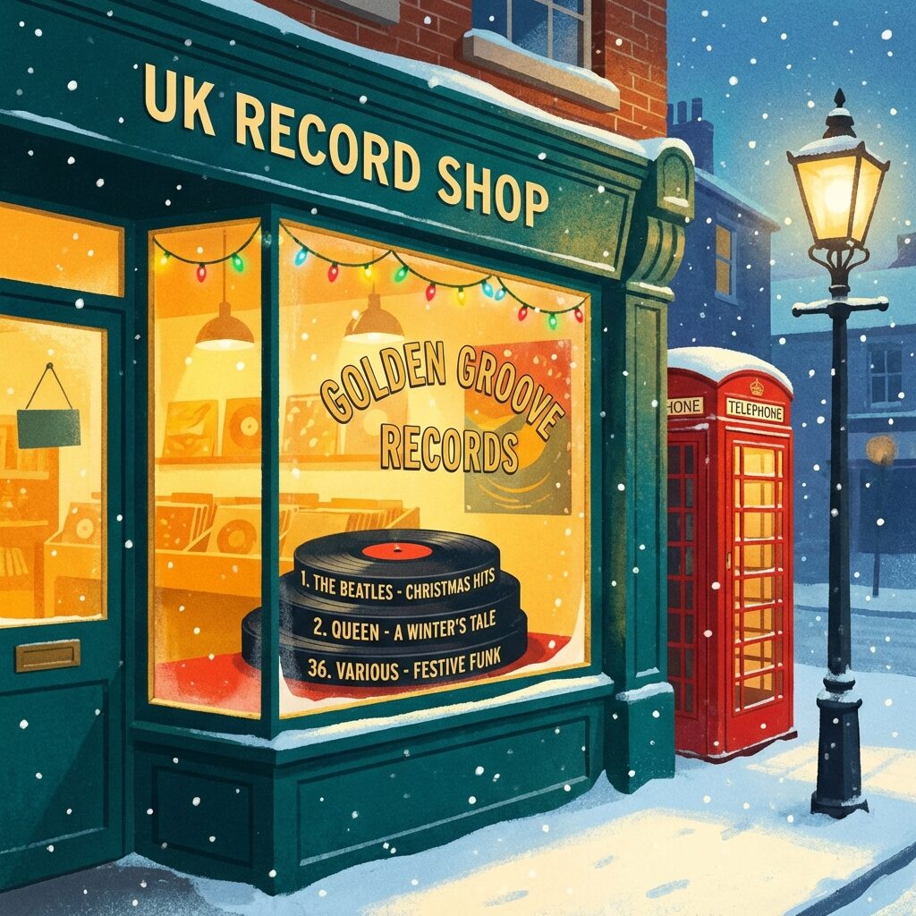 A stylized UK record shop storefront in winter, Christmas lights reflecting off the window display showing three vinyl records stacked like a podium (positions 1, 2, and 36), snow falling, warm golden light from inside the shop contrasting with cool blue twilight, retro illustration style with festive details