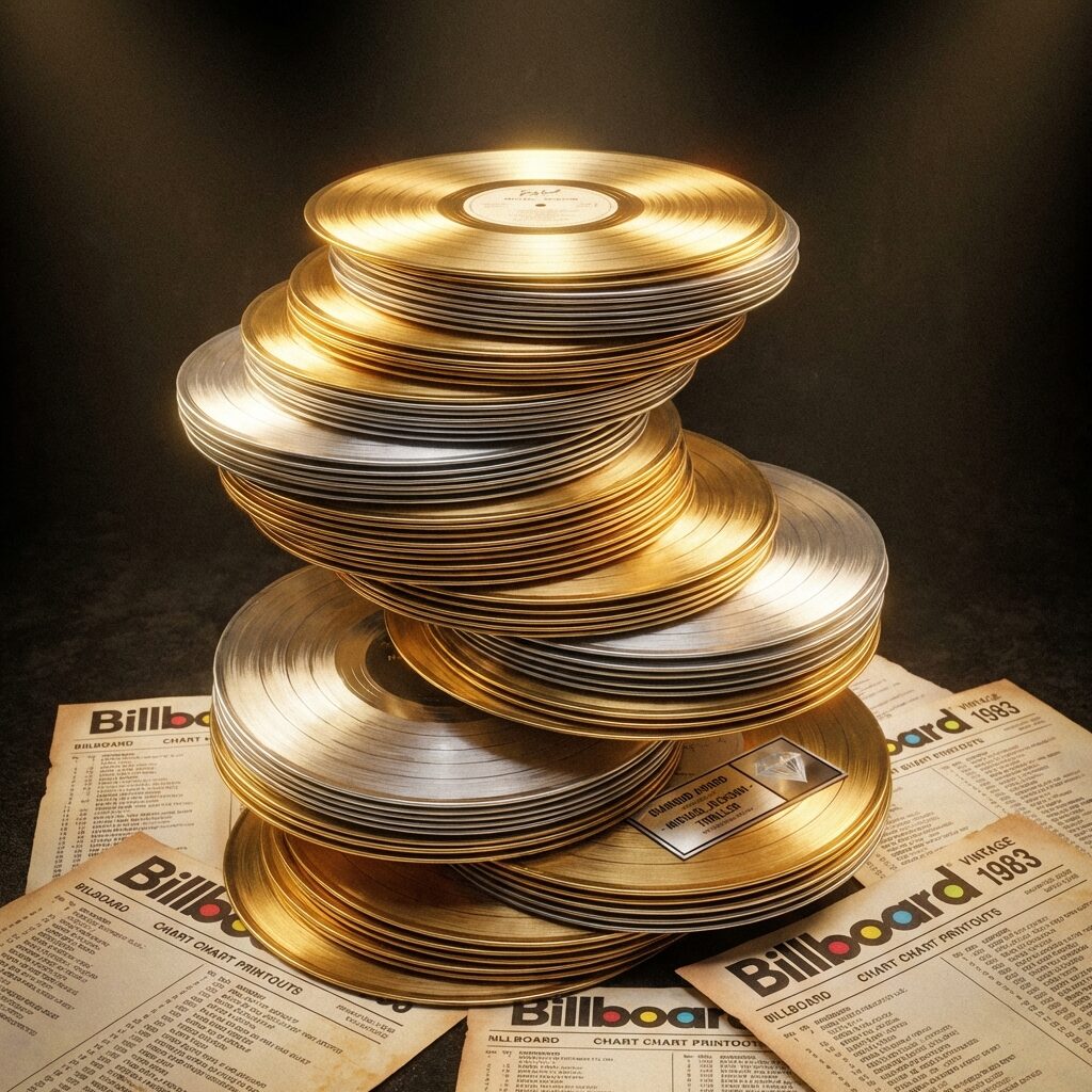 A towering stack of gold and platinum vinyl records arranged in a spiral formation, gleaming under warm spotlight, with vintage 1983-era Billboard chart printouts scattered at the base, a diamond certification plaque visible among the records, rich gold and silver tones against a dark background, celebratory but elegant mood, square composition, no text