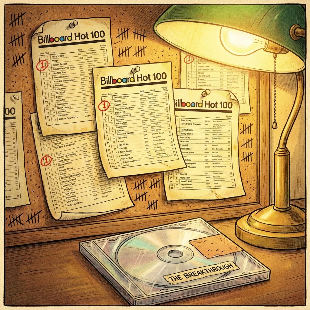 A stylized illustration of vintage Billboard chart printouts layered and pinned to a corkboard, the number "1" circled in red pen repeatedly, the pages yellowed and curled at the edges, surrounded by tally marks counting twelve weeks — a single CD case visible at the bottom, the whole composition backlit by a warm incandescent desk lamp, evoking a record label A&R office in the early 2000s
