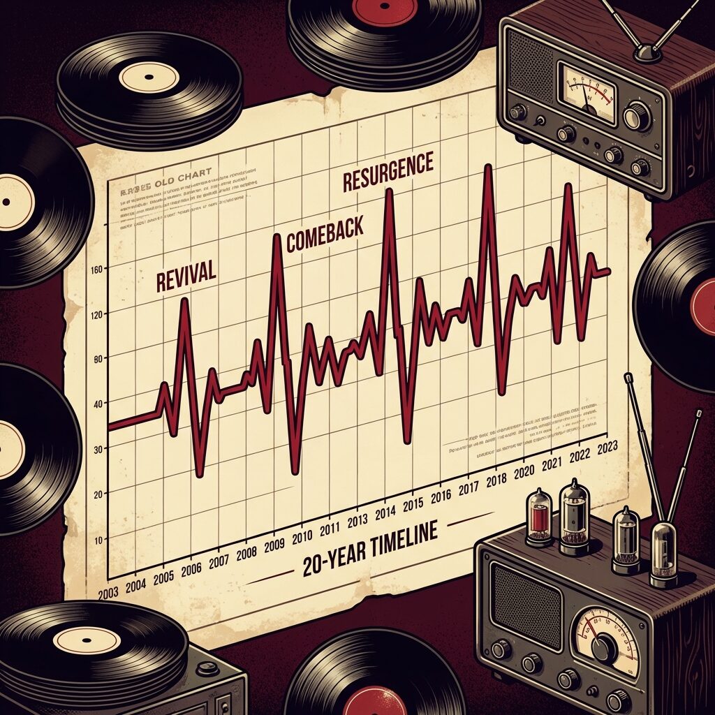 A stylized infographic-style artwork showing a heartbeat-like line graph surging across a vintage chart backdrop, with the line spiking repeatedly over what appears to be a 20-year timeline. Vinyl records and old radio equipment frame the composition. The color palette is deep red and cream against a dark background. The visual suggests relentless, recurring resurgence — a chart record that never flattens. Modern graphic design aesthetic with vintage music industry textures.