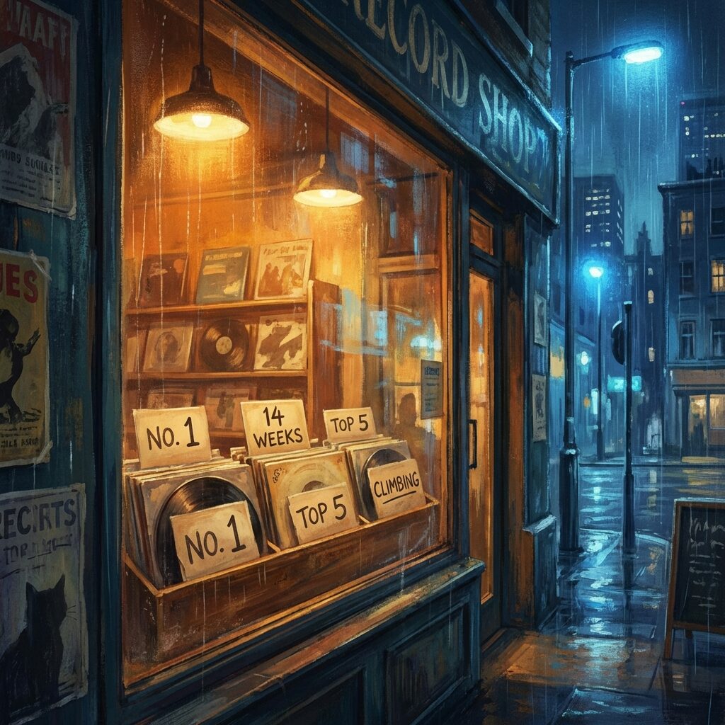A stylized illustration of a vintage record shop window at night, chart positions printed on hand-written paper cards propped against vinyl sleeves in the window display. City lights reflected in the glass. The mood is nostalgic and triumphant, the slow accumulation of a long climb. Warm amber shop light against cool blue street. No readable text, no faces, painterly style.