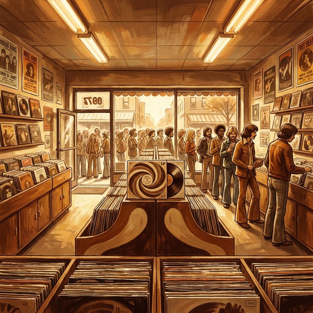 A stylized artistic scene of a 1970s record store interior with wooden bins overflowing with vinyl records. A prominent display in the center features a double LP album with a distinctive brown and cream cover. A long line of excited customers stretches out the door and down the sidewalk, visible through the storefront window. Warm fluorescent lighting mixes with sunlight streaming through the glass. Vintage posters and album covers line the walls. Rich, nostalgic color palette with warm browns, oranges, and yellows. Painterly illustration style.