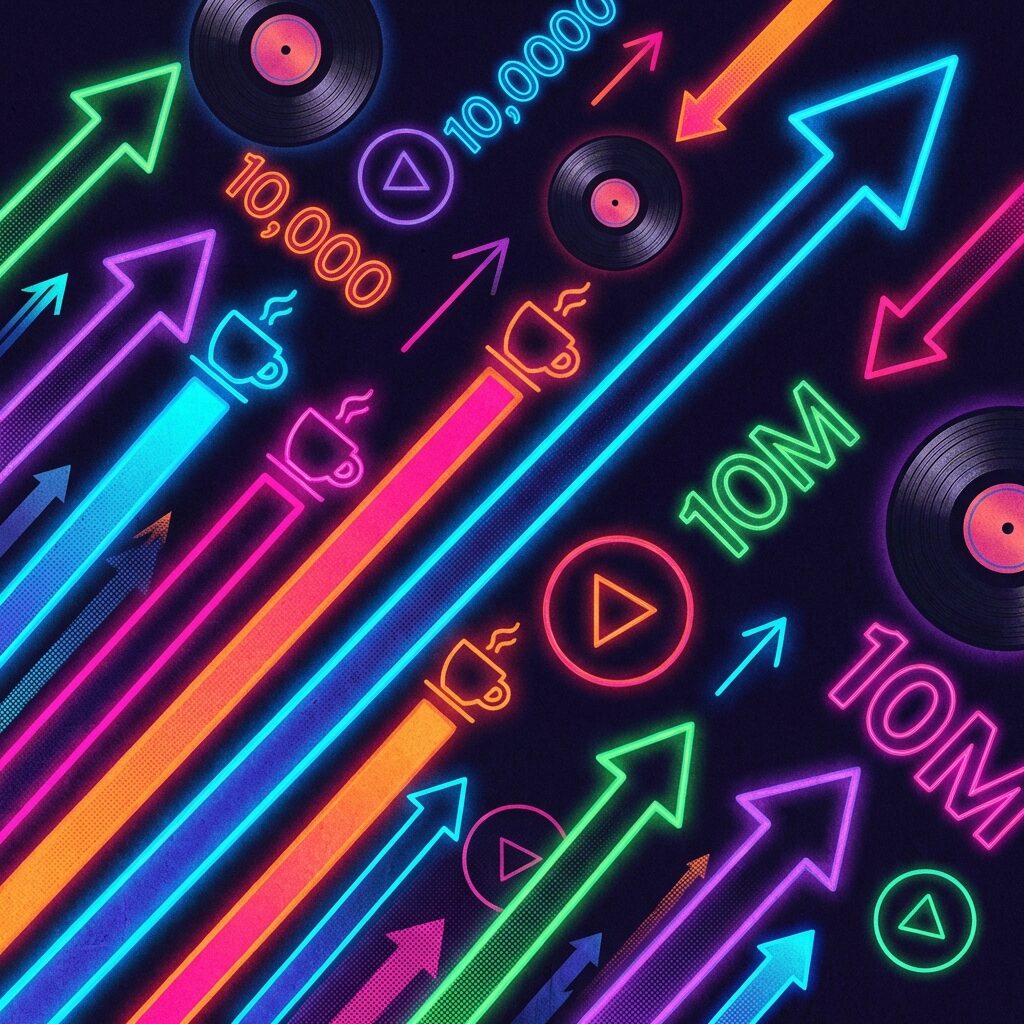 A stylized illustration of a massive chart board with lines shooting upward at steep angles, coffee cup icons marking data points, vinyl records and streaming play buttons scattered around the composition, retro infographic aesthetic with bold colors on a dark background, numbers and arrows in neon glow