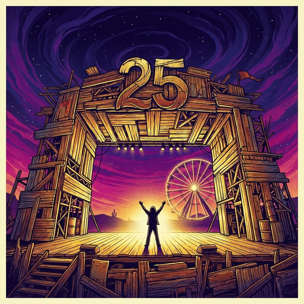 A stylized illustration of a massive desert festival stage at twilight, a lone figure silhouetted at center stage with arms raised, a ferris wheel glowing in the background, the number 25 subtly integrated into the stage design, deep indigo and magenta sky with golden stage lights, dramatic wide-angle perspective, concert poster aesthetic