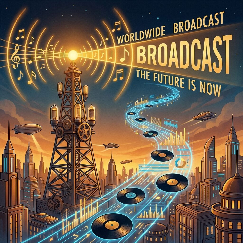 A retro-futuristic illustration of a radio tower broadcasting golden signal waves across a cityscape at dusk, vinyl records and streaming data visualizations floating upward like musical notes, warm amber and electric blue tones, dynamic upward composition suggesting commercial ascent and cultural transmission