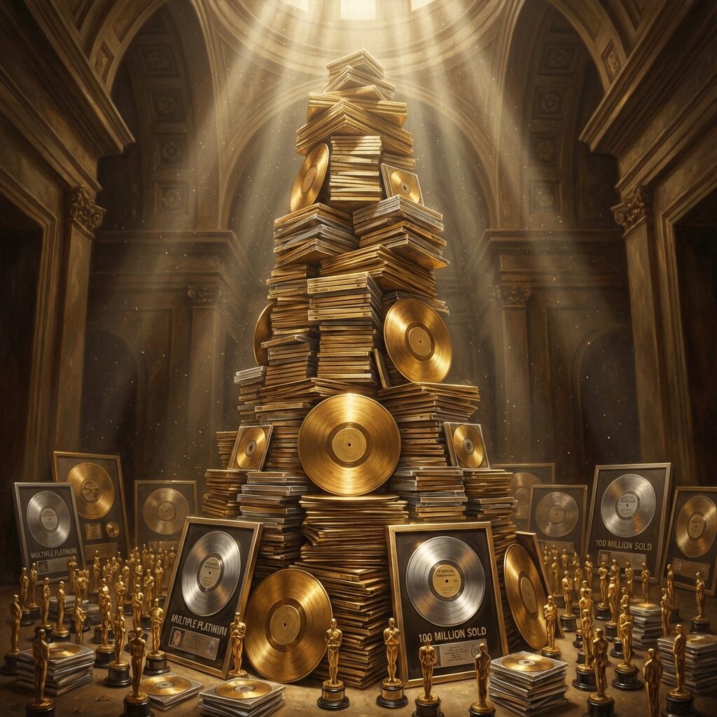 A towering stack of golden vinyl records and CDs reaching toward the ceiling in a dramatically lit room, with small trophy statuettes and framed platinum record plaques arranged around the base, rays of light breaking through from above illuminating floating dust particles, painted in a warm hyperrealistic style with metallic golden tones and deep shadows, suggesting overwhelming commercial success