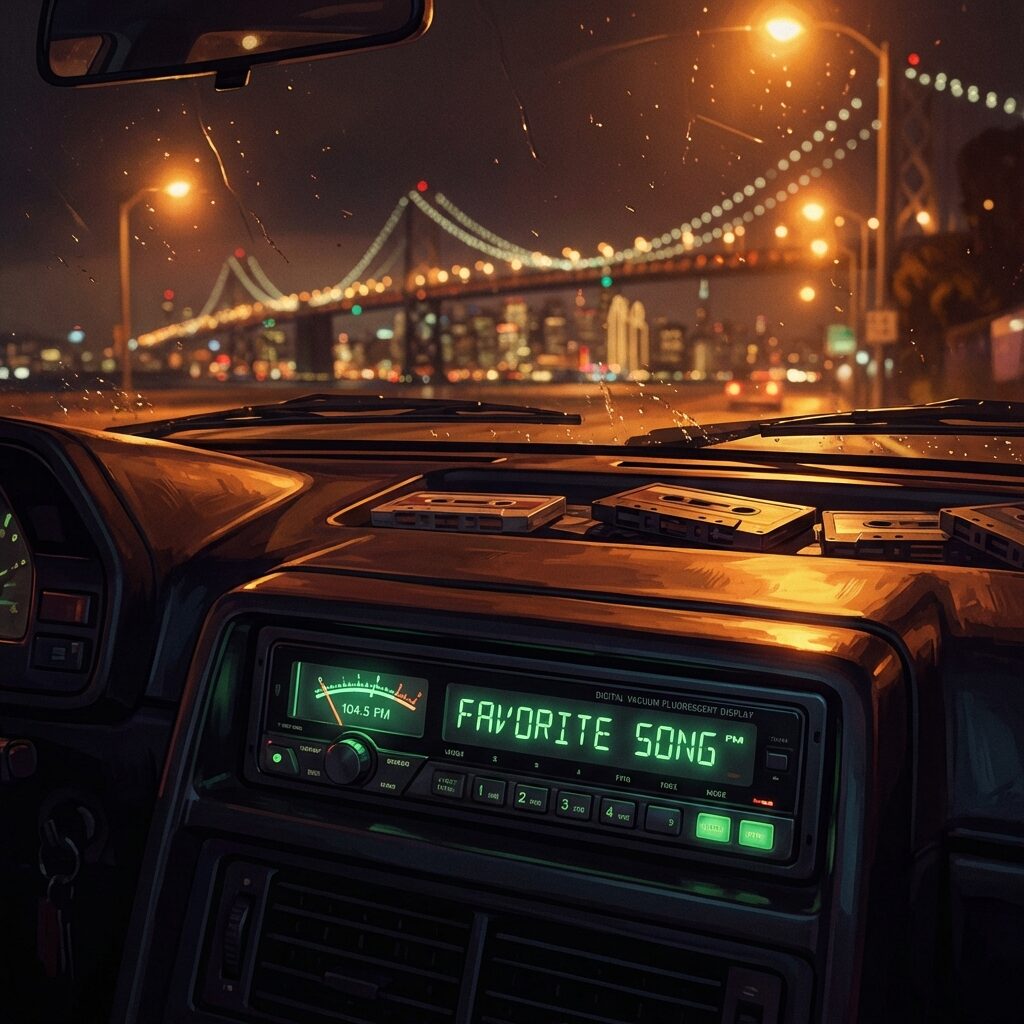 A stylized illustration of a late-1990s car radio dial glowing green in a dark car interior, the tuner needle pointing to a station number, through the windshield a blurred nighttime cityscape of San Francisco with the Bay Bridge visible in the distance, warm amber streetlights reflecting off the dashboard, the mood capturing that electric moment of hearing your favorite song unexpectedly on the radio, painted in a cinematic style with rich contrast between the dark interior and the glowing lights outside