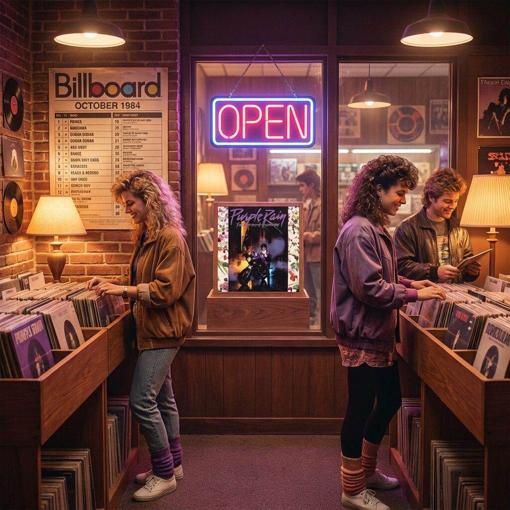 A stylized 1984 record store scene, vinyl records displayed in wooden bins, a prominent album with a purple-toned cover in the center display, a Billboard chart poster on the wall, neon open sign glowing, warm interior lighting, customers browsing in period-appropriate 1980s fashion, retro aesthetic with rich warm tones and nostalgic atmosphere