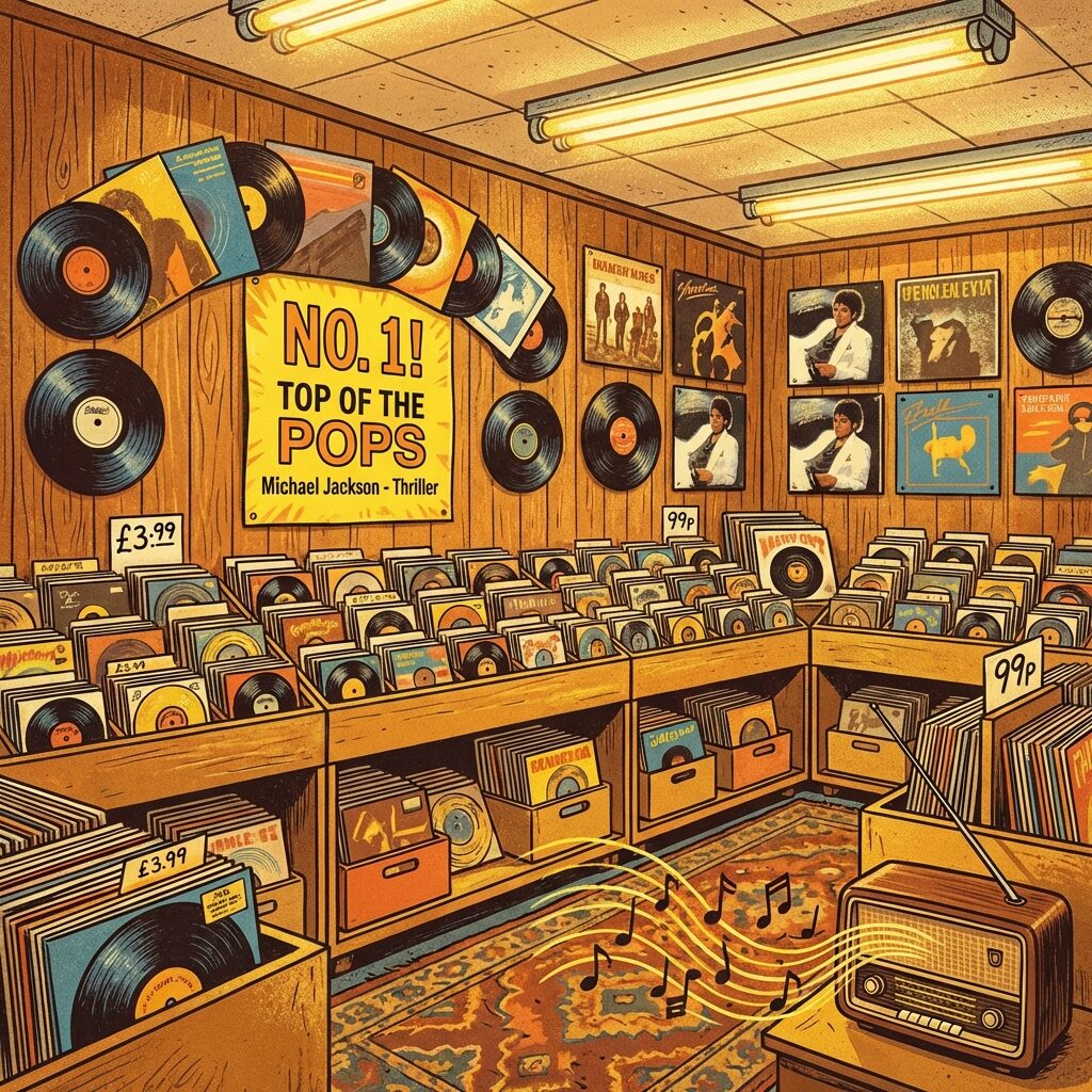 A stylized illustration of a 1983 record store display — vinyl albums and singles fanned out on a wall, a number-one chart position highlighted in yellow, with stacks of 7-inch singles visible. The aesthetic is warm and retro — fluorescent store lighting, handwritten price tags, worn carpet. A radio sits in the corner with sound waves illustrated coming out. Nostalgic, warm, energetic.
