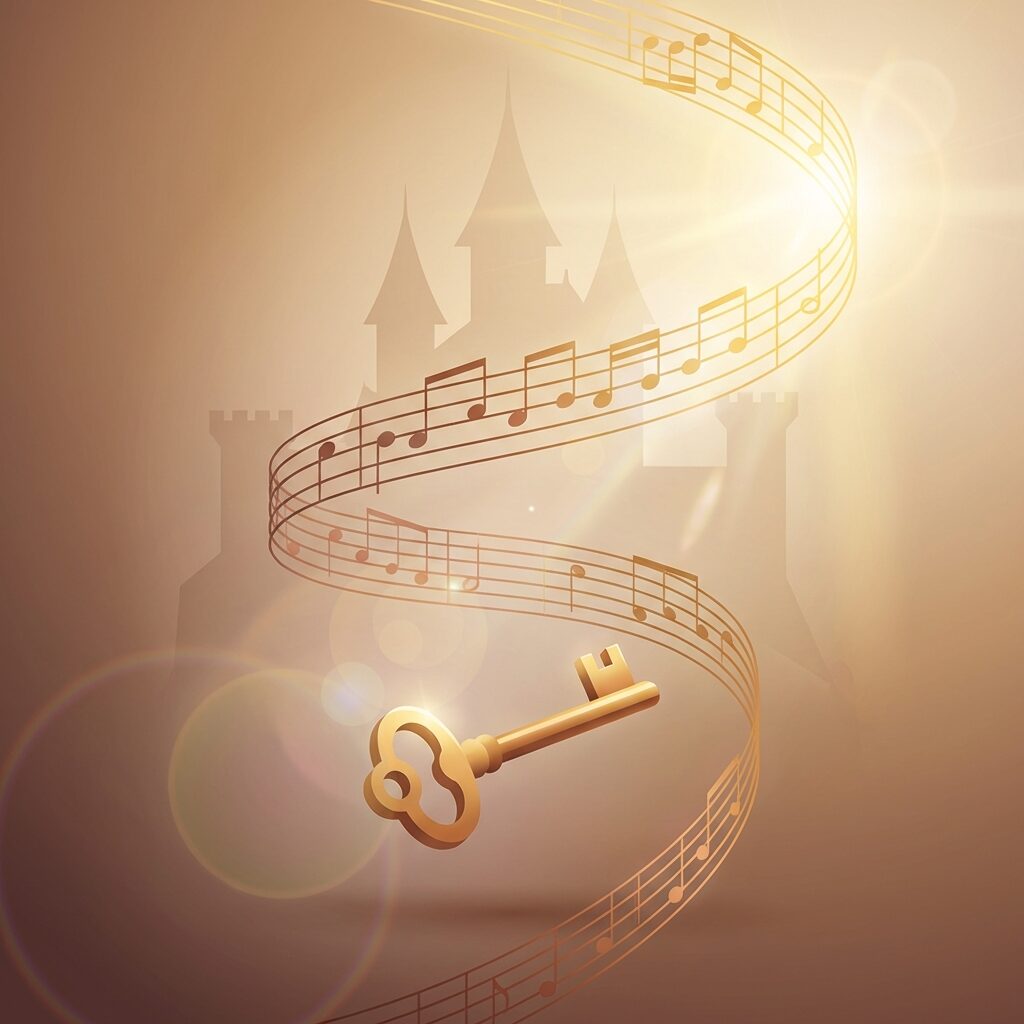 A stylized artistic scene showing a golden key floating and turning in midair, musical notes and staff lines spiraling upward from it like a helix, transitioning from muted warm tones at the bottom (D major) to brilliant bright gold at the top (E major), a faint castle silhouette in the background, the whole image conveying ascension and transformation, ethereal lighting with lens flare effects, modern minimalist illustration with rich warm color palette
